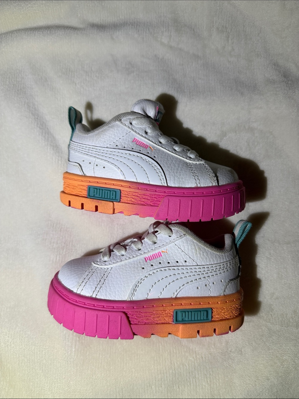 Puma Kids White Sneakers with Pink, Orange & Teal Accents